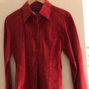Red suede shirt jacket.